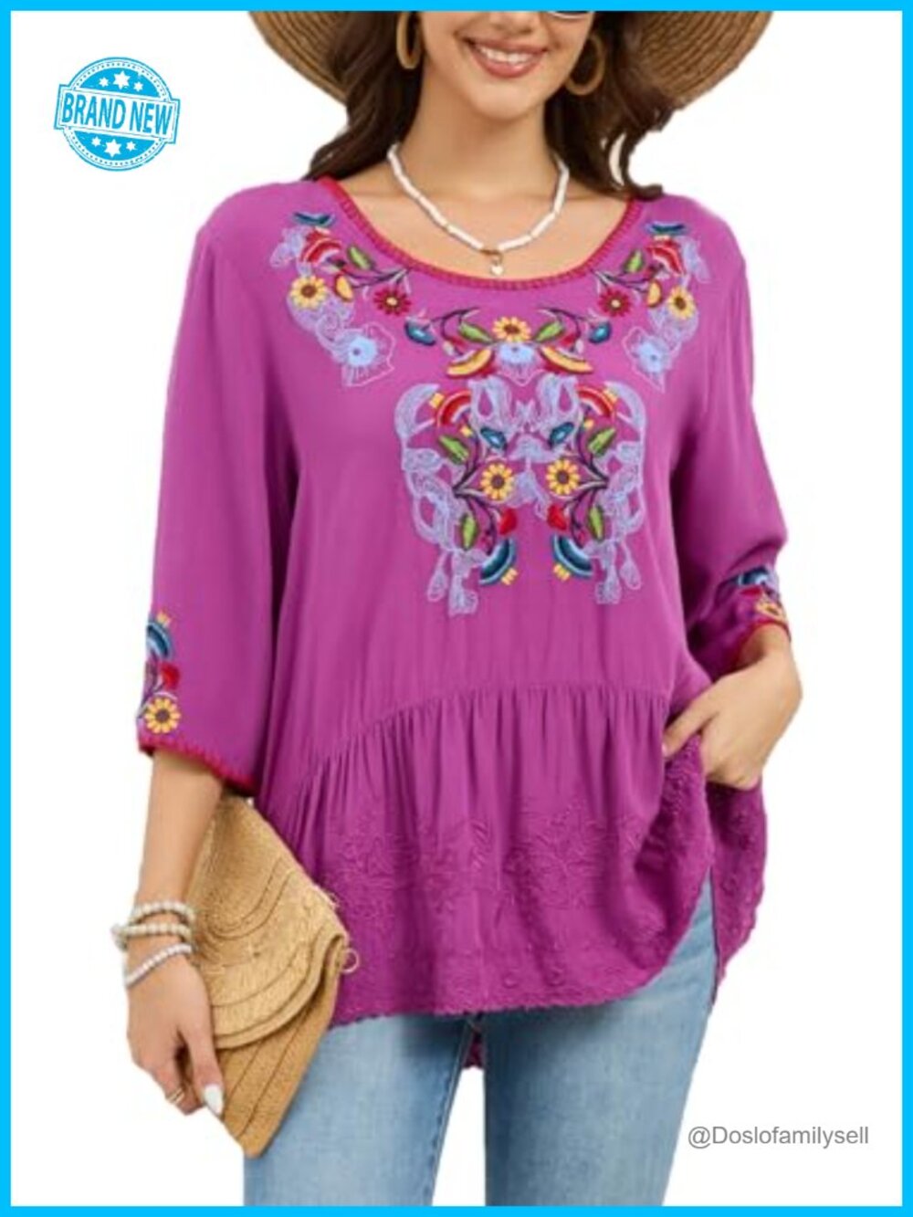 Embroidered 3/4 Sleeve Peasant Tunic Top Loose Fit Round Neck Dressy Blouse
